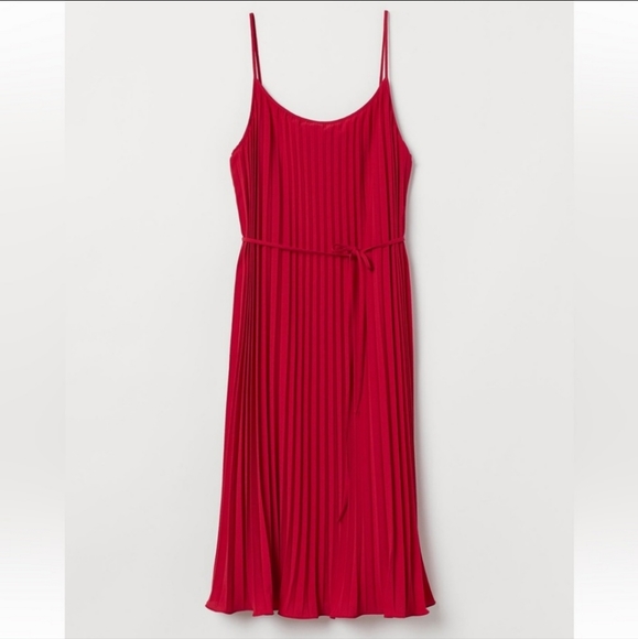 H&M Dresses Hm Red Pleated Midi Dress Chiffon Red Large Poshmark
